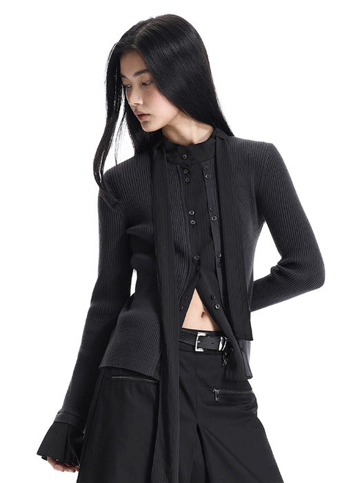 Wconcept_Treemingbird Fabric-Combo Scarf Knit Cardigan [ Black ]