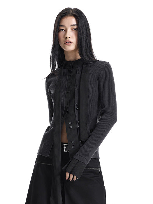 Wconcept_Treemingbird Fabric-Combo Scarf Knit Cardigan [ Black ]