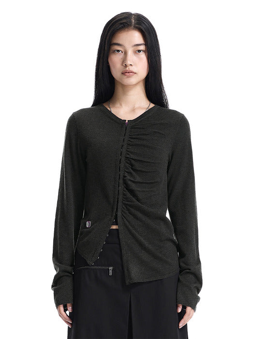 Wconcept_Treemingbird Hook-Detail Shirred Cardigan [ Khaki ]
