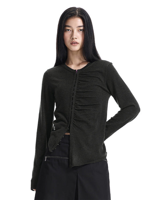 Wconcept_Treemingbird Hook-Detail Shirred Cardigan [ Khaki ]