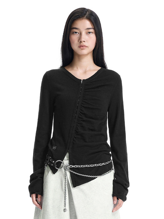 Wconcept_Treemingbird Hook-Detail Shirred Cardigan [ Black ]