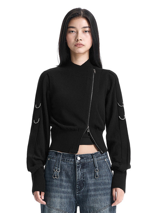 Wconcept_Treemingbird Sleeve D-ring Diagonal Zip Cardigan [ Black ]