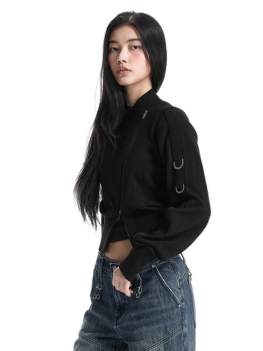 Wconcept_Treemingbird Sleeve D-ring Diagonal Zip Cardigan [ Black ]