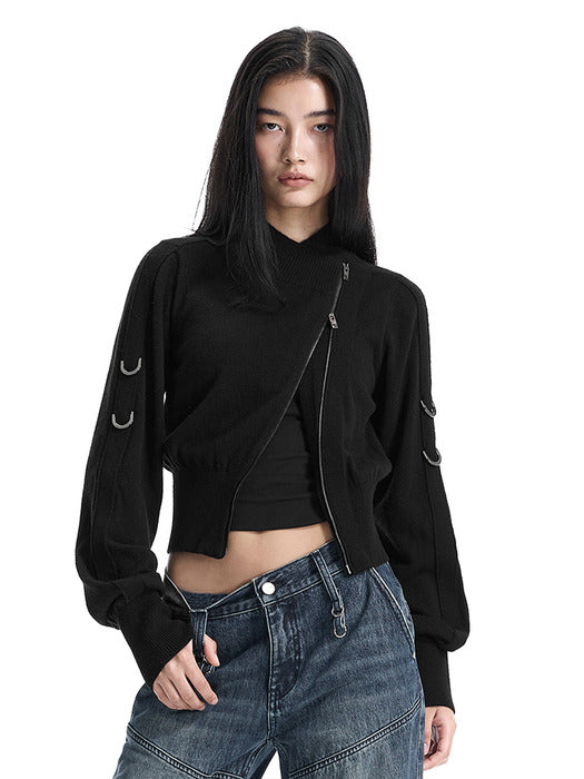 Wconcept_Treemingbird Sleeve D-ring Diagonal Zip Cardigan [ Black ]