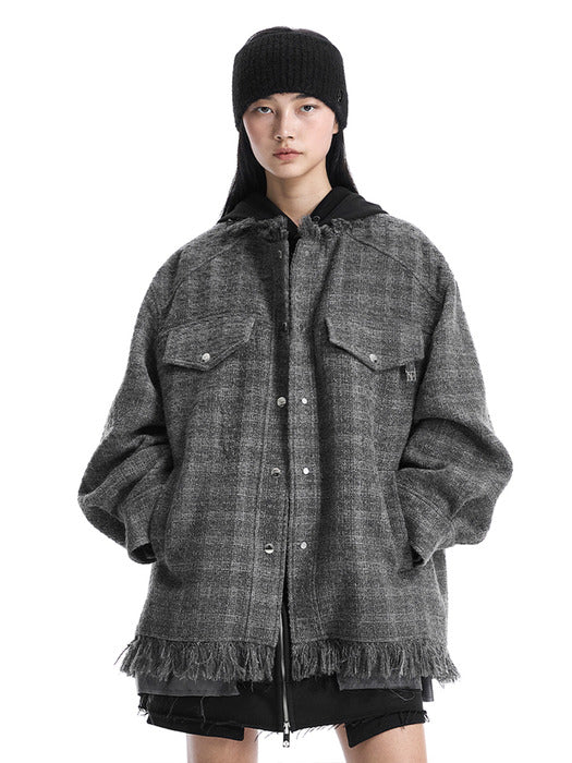 Wconcept_Treemingbird Frayed-Hem Tweed Jacket [ Gray ]