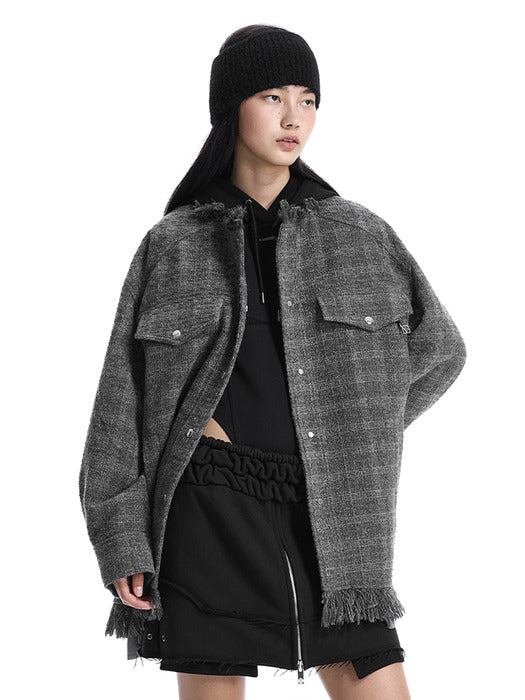Wconcept_Treemingbird Frayed-Hem Tweed Jacket [ Gray ]