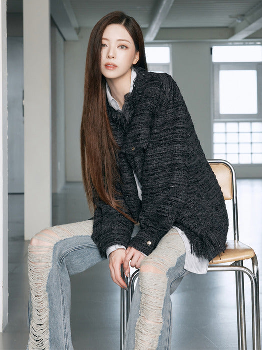Wconcept_Treemingbird Frayed-Hem Tweed Jacket [ Black ]