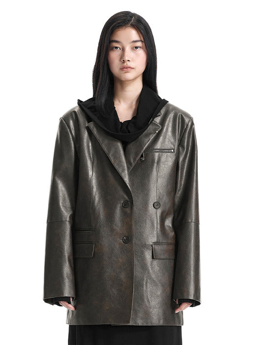 Wconcept_Treemingbird Metal-Ring Oversized Leather Jacket [ Brown ]