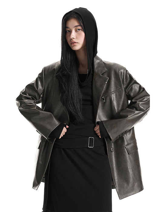 Wconcept_Treemingbird Metal-Ring Oversized Leather Jacket [ Brown ]