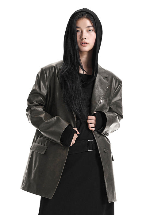 Wconcept_Treemingbird Metal-Ring Oversized Leather Jacket [ Brown ]