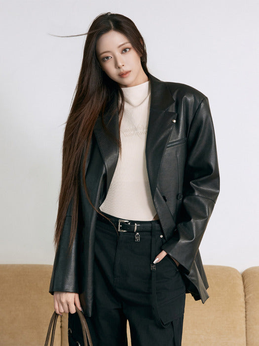 Wconcept_Treemingbird Metal-Ring Oversized Leather Jacket [ Black ]