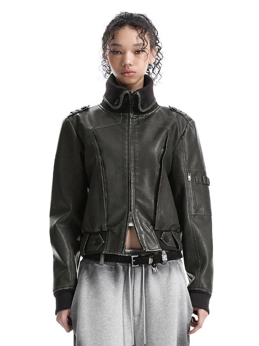 Wconcept_Treemingbird High-Neck Leather Bomber Jacket [ Gray ]