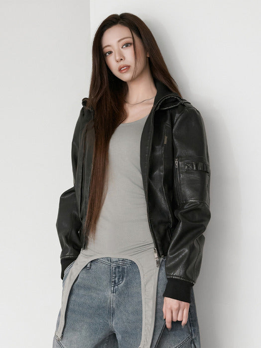 Wconcept_Treemingbird High-Neck Leather Bomber Jacket [ Black ]