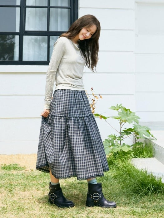 Wconcept_Depound lace point check tiered skirt - navy