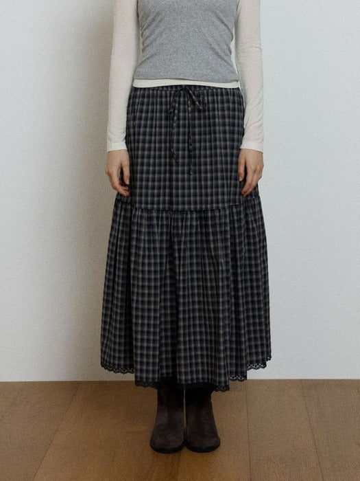 Wconcept_Depound lace point check tiered skirt - navy