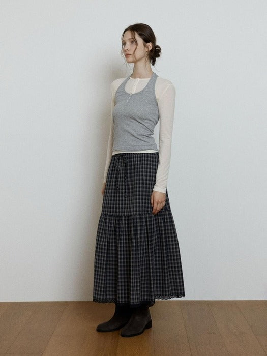Wconcept_Depound lace point check tiered skirt - navy