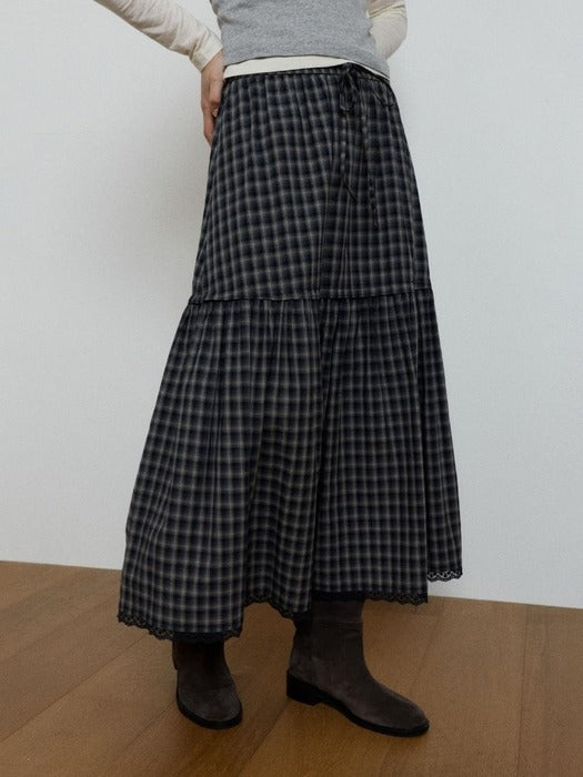 Wconcept_Depound lace point check tiered skirt - navy
