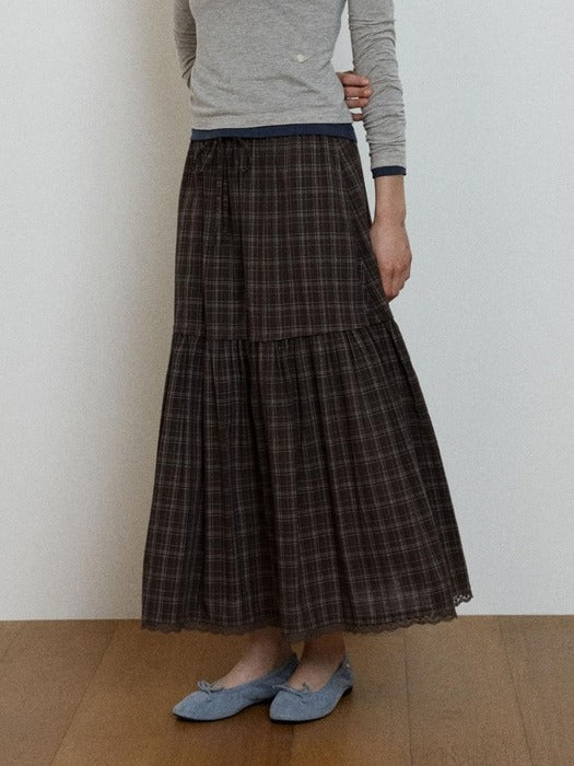 Wconcept_Depound lace point check tiered skirt - brown