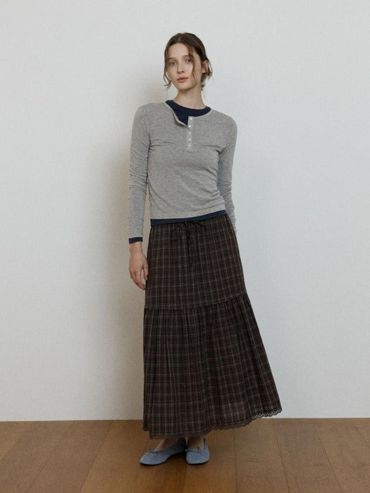 Wconcept_Depound lace point check tiered skirt - brown