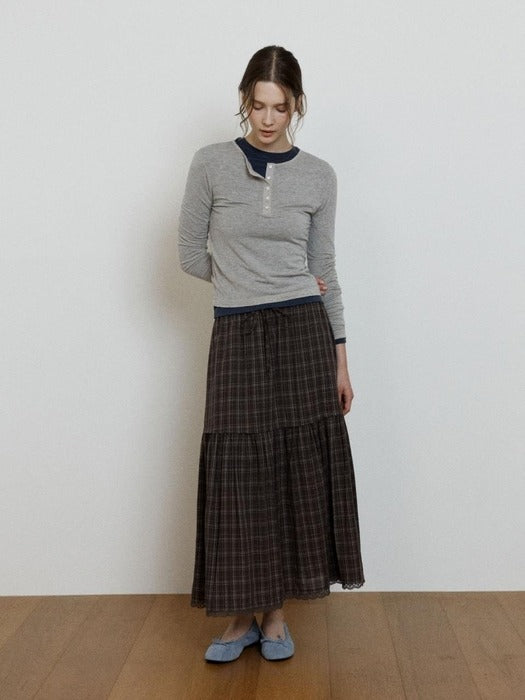 Wconcept_Depound lace point check tiered skirt - brown