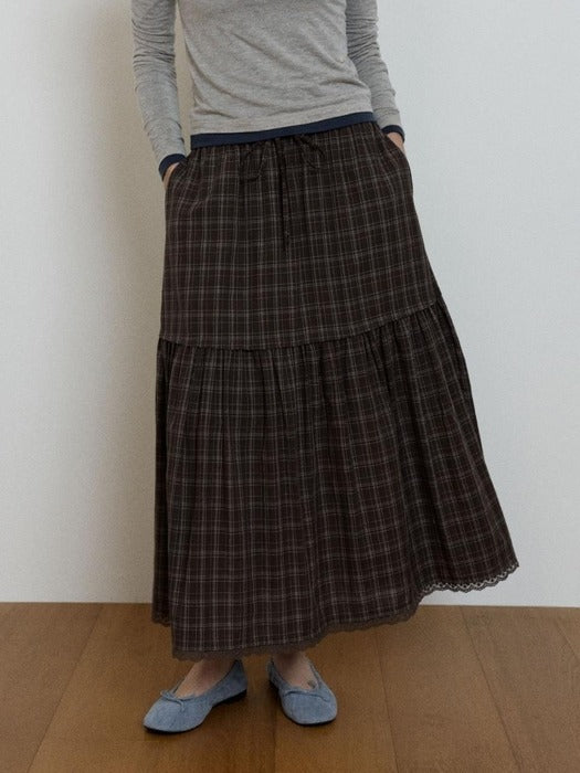 Wconcept_Depound lace point check tiered skirt - brown
