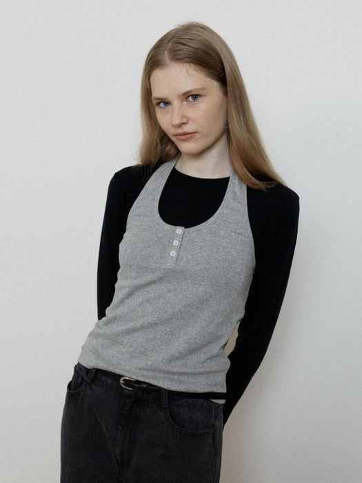 Wconcept_Depound ribbed halter neck top - melange grey