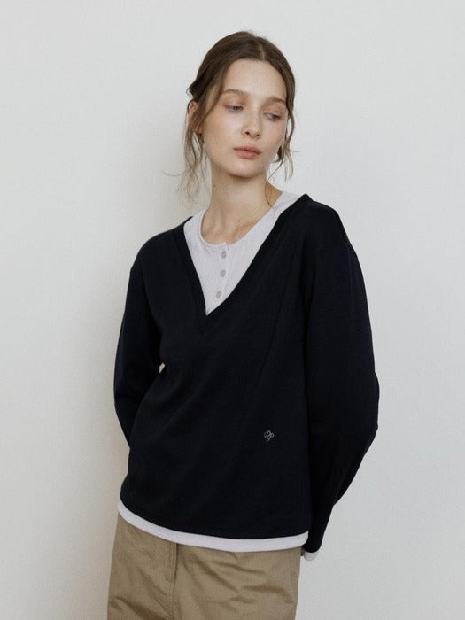 Wconcept_Depound layered henley neck t-shirt - navy