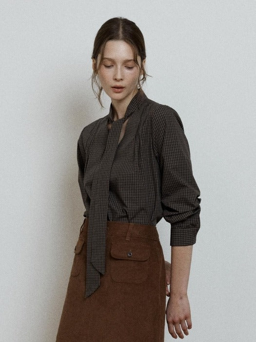 Wconcept_Depound check v-neck tie blouse - brown