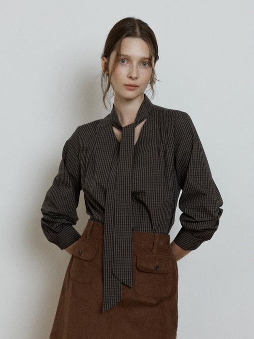 Wconcept_Depound check v-neck tie blouse - brown