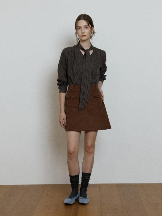 Wconcept_Depound check v-neck tie blouse - brown