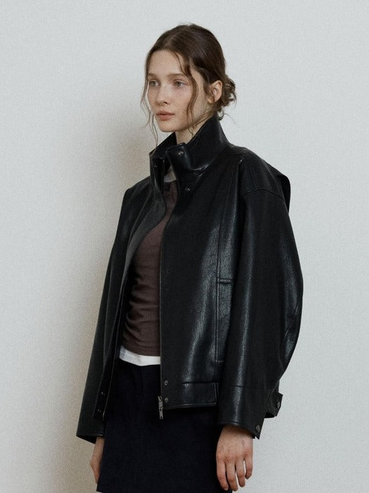 Wconcept_Depound high neck leather jacket - black