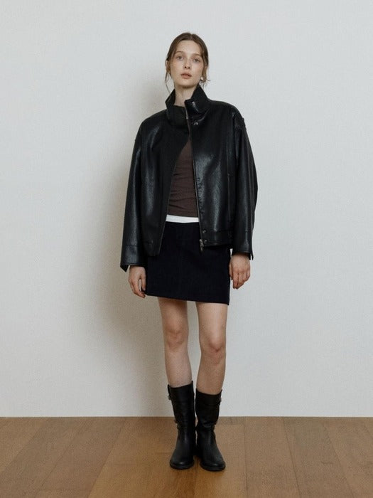 Wconcept_Depound high neck leather jacket - black
