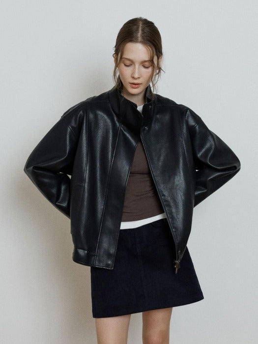 Wconcept_Depound high neck leather jacket - black