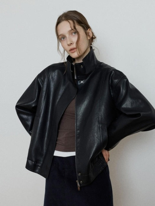 Wconcept_Depound high neck leather jacket - black