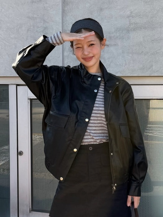 Depound stand collar leather blouson jacket - black