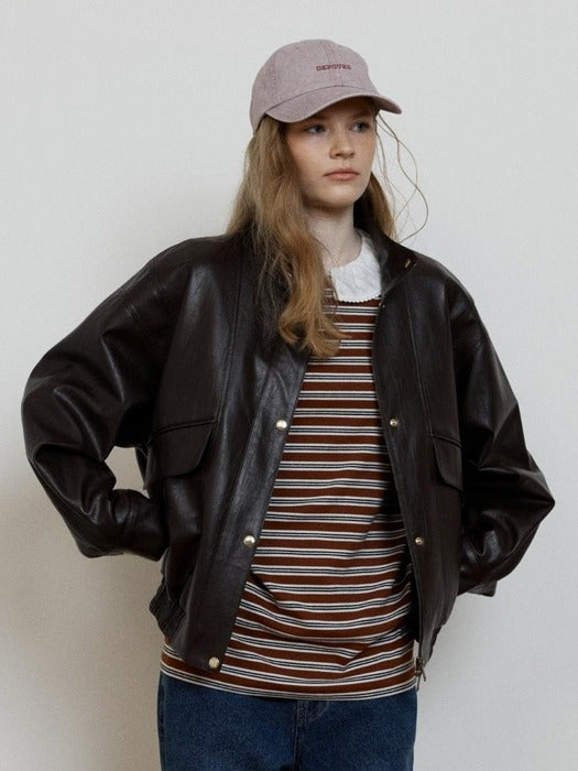 Depound stand collar leather blouson jacket - brown