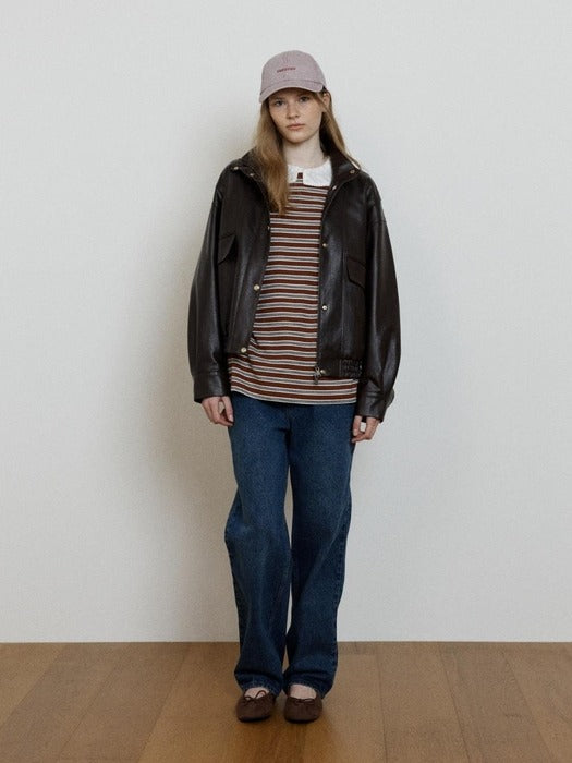 Depound stand collar leather blouson jacket - brown