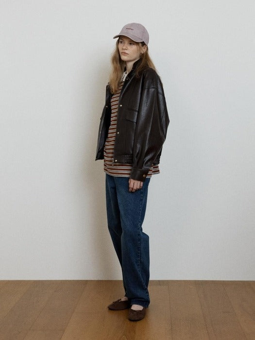 Depound stand collar leather blouson jacket - brown