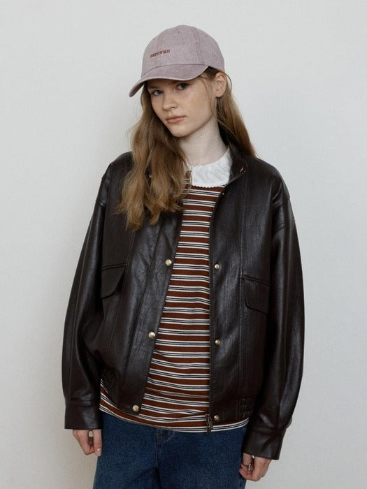 Depound stand collar leather blouson jacket - brown