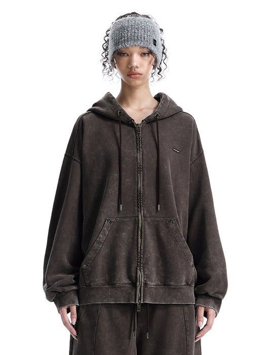 Wconcept_Treemingbird Embossed Logo Set-up Zip-up Hoodie [ Brown ]