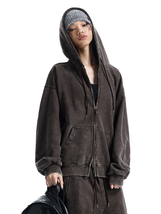 Wconcept_Treemingbird Embossed Logo Set-up Zip-up Hoodie [ Brown ]