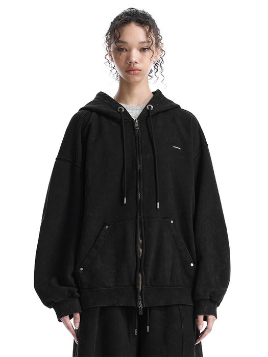 Wconcept_Treemingbird Embossed Logo Set-up Zip-up Hoodie [ Black ]