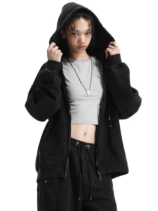 Wconcept_Treemingbird Embossed Logo Set-up Zip-up Hoodie [ Black ]
