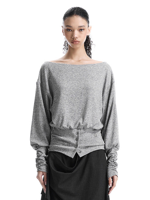 Wconcept_Treemingbird Banded-Waist Blouson Top [ Melange Gray ]