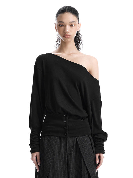 Wconcept_Treemingbird Banded-Waist Blouson Top [ Black ]