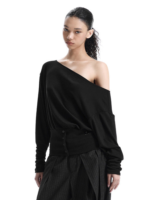 Wconcept_Treemingbird Banded-Waist Blouson Top [ Black ]