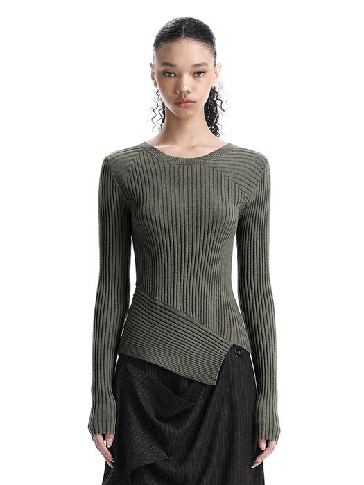 Wconcept_Treemingbird Asymmetric Ribbed Knit Top [ Khaki ]