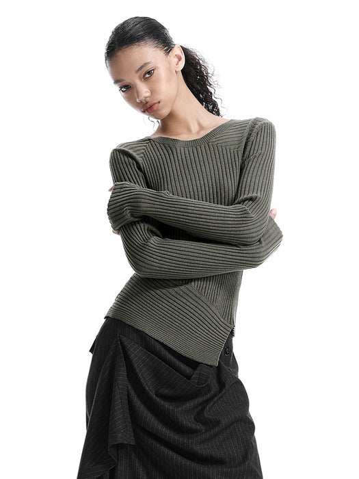 Wconcept_Treemingbird Asymmetric Ribbed Knit Top [ Khaki ]