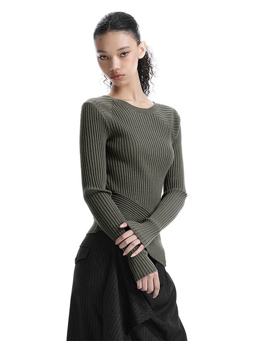 Wconcept_Treemingbird Asymmetric Ribbed Knit Top [ Khaki ]