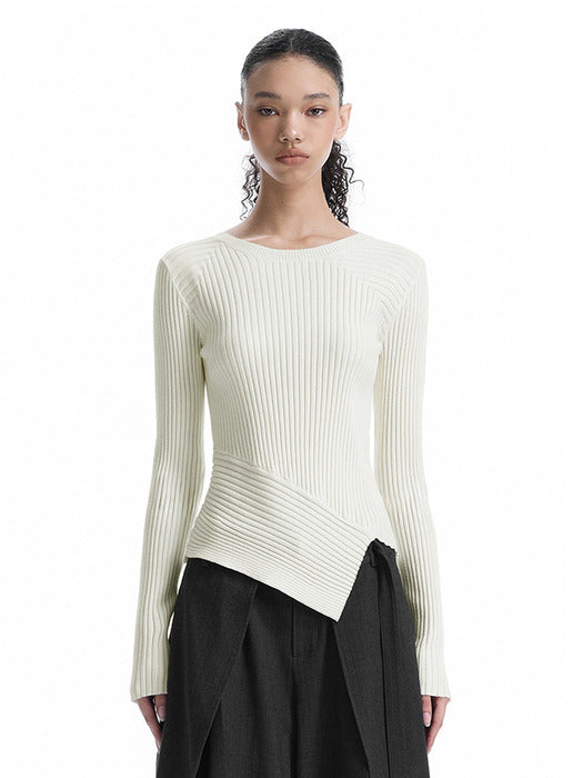 Wconcept_Treemingbird Asymmetric Ribbed Knit Top [ Ivory ]